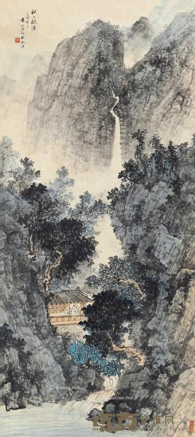  1945年作 秋山观瀑 镜心 设色纸本 96×42cm