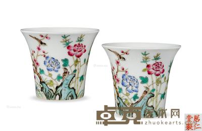  民国 粉彩花鸟杯 （一对） 高6cm×2