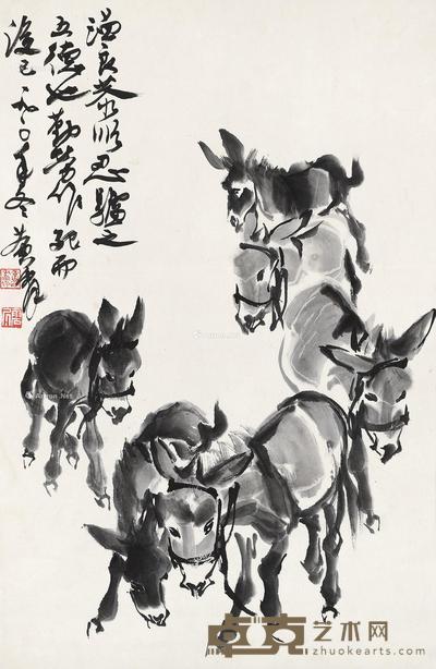 1990年作 六驴图 立轴 水墨纸本 66×44cm