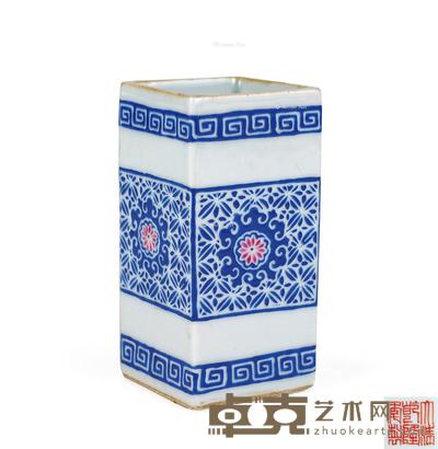  民国 蓝料彩花卉四方笔筒 高9.8cm