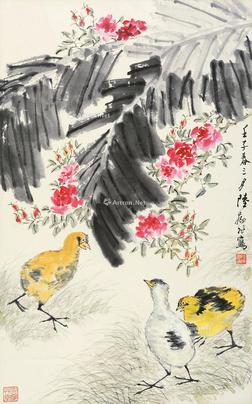  芭蕉雏鸡 立轴 设色纸本