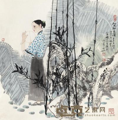  1991年作 秋风纨扇图 立轴 设色纸本 67.5×66.5cm