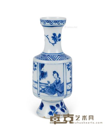  清康熙 青花花卉仕女花插 高10.7cm