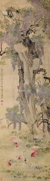  紫藤金鱼 立轴 绢本