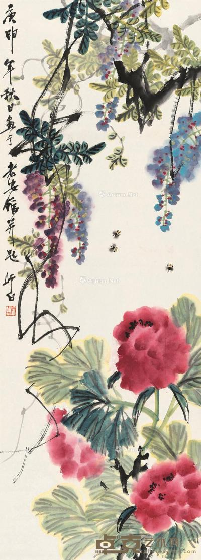  1980年作 紫藤蜜蜂 立轴 设色纸本 138×50cm