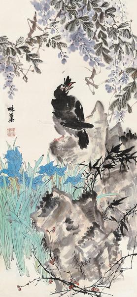  紫藤八哥 镜心 设色纸本