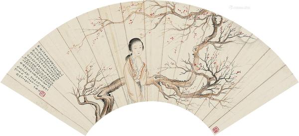  1941年作 花间美人 扇片 设色纸本
