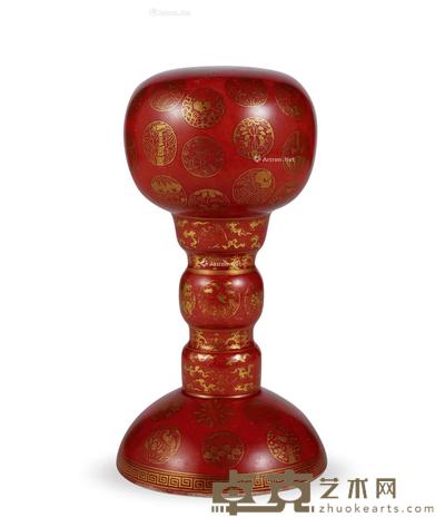  清光绪 珊瑚红地描金皮球花官帽架 高23cm