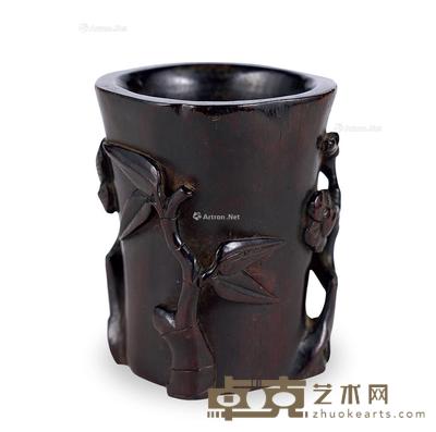  清 紫檀雕岁寒三友笔筒 高10cm