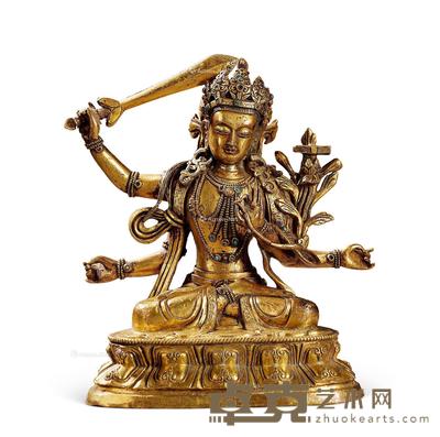  清中期 铜鎏金文殊菩萨坐像 高16cm