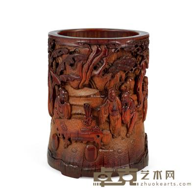  清 竹雕人物故事笔筒 高15cm