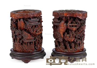  清中期 深浮雕兰亭集序竹雕笔筒 （一对） 高14cm×2