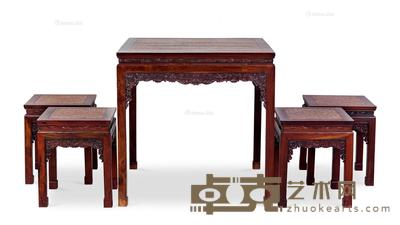  清 红木雕缠枝牡丹拼万字纹面方桌 （一套五件） 桌83×83×83.5cm；椅39×39×48cm