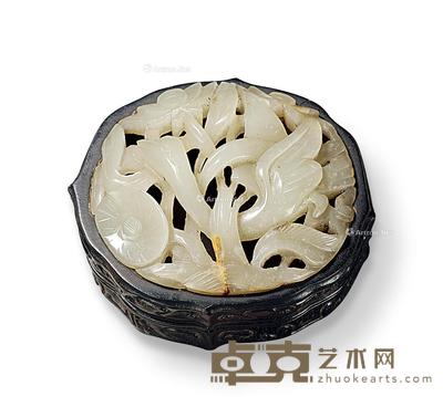  清 紫檀嵌白玉春水盖盒 长7.5cm