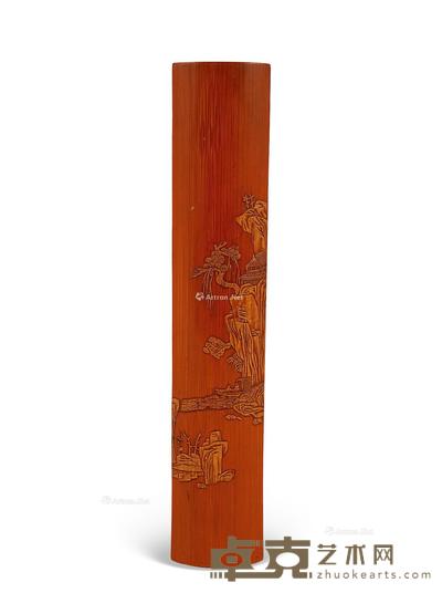  清 竹留青山水人物臂搁 长23.5cm