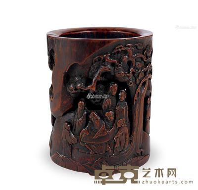  清 竹雕人物故事笔筒 高14.5cm
