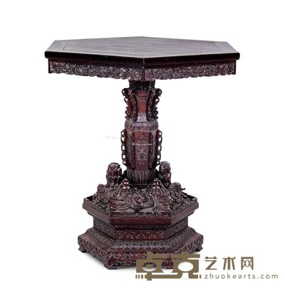  清 紫檀雕海水江涯纹六方桌 83.5×83.5×85cm
