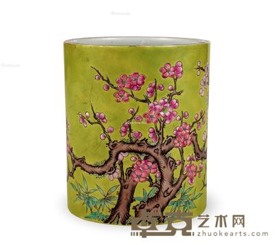  清晚期 粉彩梅竹双清笔筒 高10.5cm