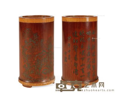  清 竹雕浅刻山水诗纹笔筒 高10.5cm
