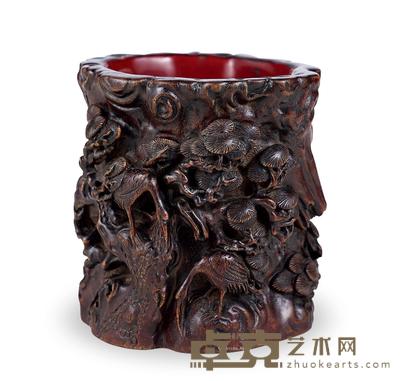  清 沉香木雕松鹤图笔筒 高14.3cm