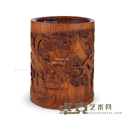  清 竹雕人物故事笔筒 高17.5cm