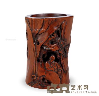  民国 黄杨木雕高士图笔筒 高9.6cm