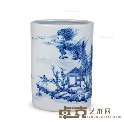  清康熙 青花携琴访友笔筒 高16cm