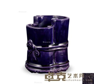  清 茄皮紫釉竹节笔筒 高18.8cm