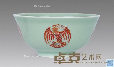  豆青釉矾红团凤碗 14.5cm