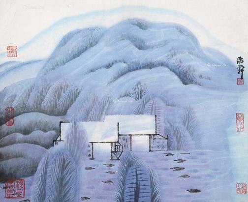  雪山村色图 镜片 设色纸本