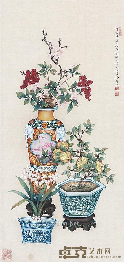 岁朝清供 立轴 绢本 74×35cm