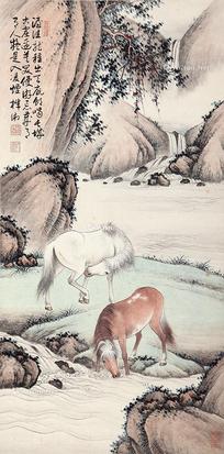  双马图 纸本立轴