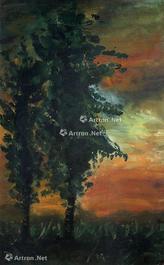 夕阳 镜框 油画