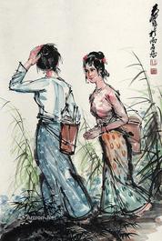  少女汲水图 立轴 纸本