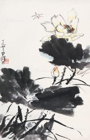  荷花蜻蜓 纸本立轴