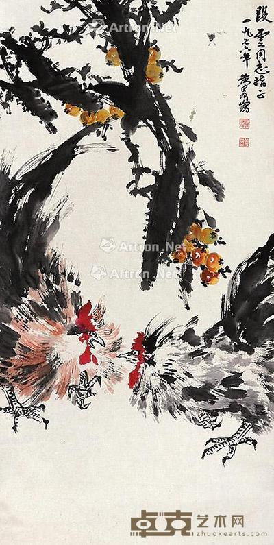 斗鸡图 立轴 纸本 95×48cm