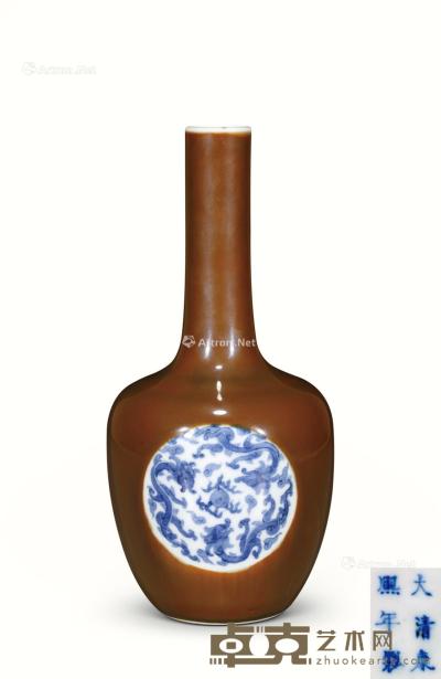  清 紫金釉开光青花龙纹纸槌瓶 高16.5cm