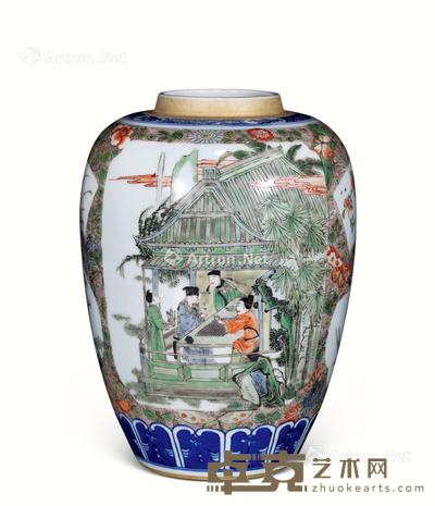  清 五彩开光人物纹罐 高24cm