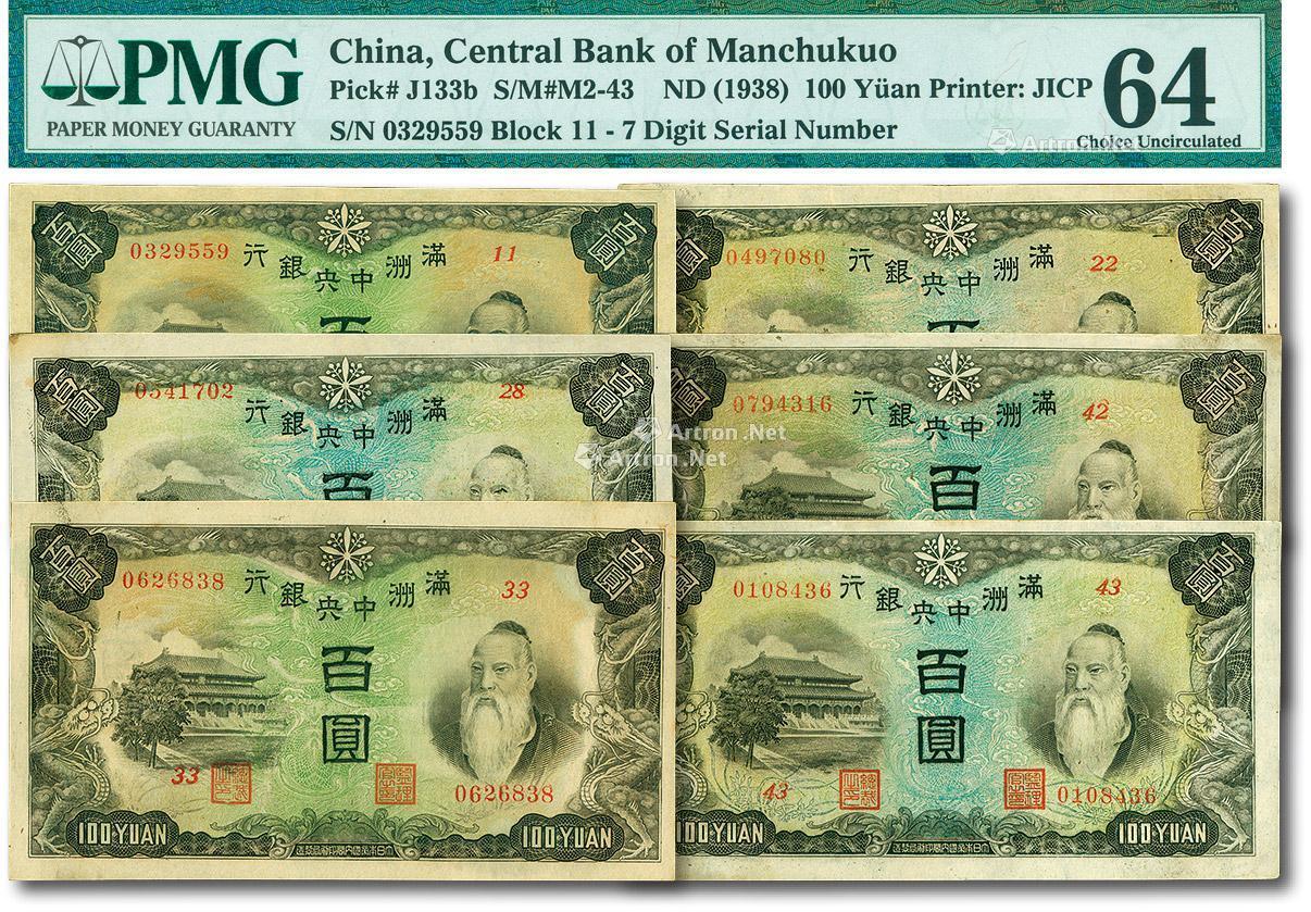 满洲中央银行（1937年）百圆乙号券（背印绵羊图）2枚、（1944年）丙号