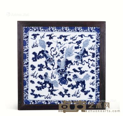  清 青花狮球纹瓷板 44×43cm