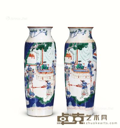  清 青花五彩人物纹筒瓶 （一对） 高36cm