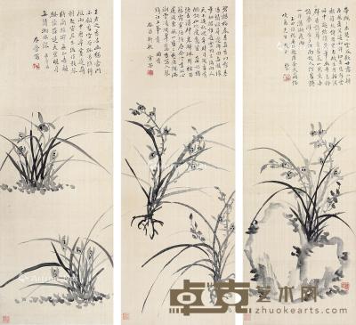  花卉 （三帧） 镜片 水墨绢本 76×26cm×3