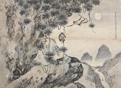  猴子捞月 镜片 设色绢本