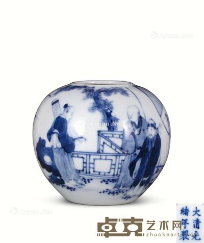 清 青花携琴访友纹小罐 高7.8cm