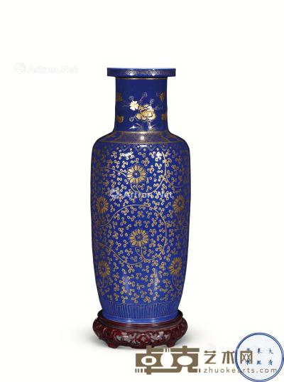  清 霁蓝釉描金缠枝莲纹棒槌瓶 高48.5cm