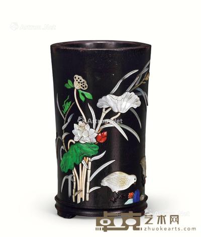 清 紫檀嵌螺钿花鸟纹笔筒 高11cm