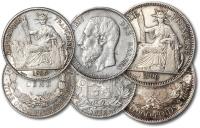 * 1896年、1936年法属印度支那坐洋一元、半元银币各一枚：1873年西班牙5F银币一枚，共三枚