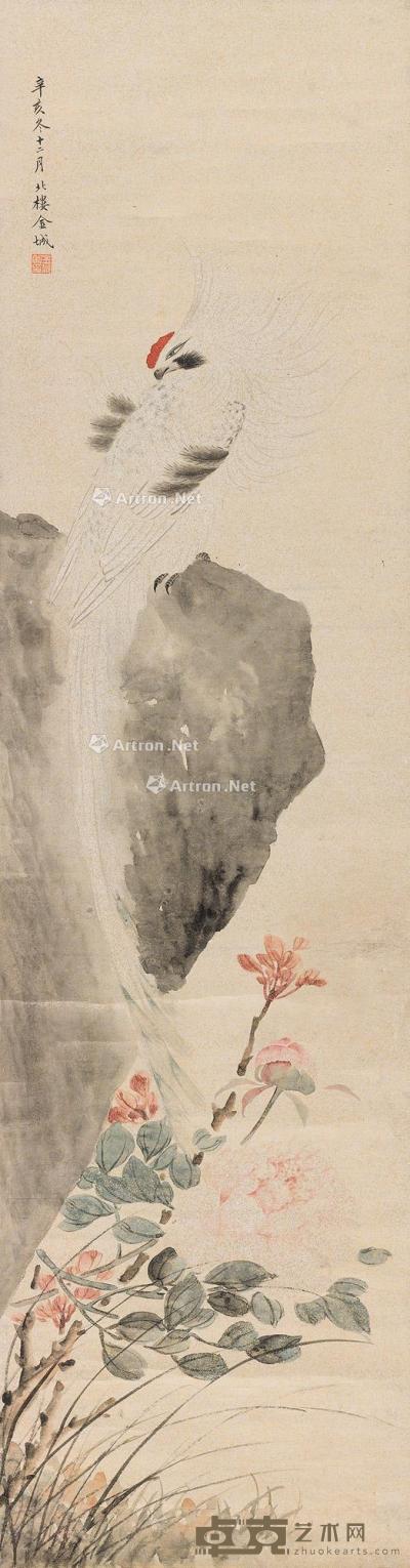  辛亥（1911年）作 花鸟 立轴 设色蜡笺 124×32cm