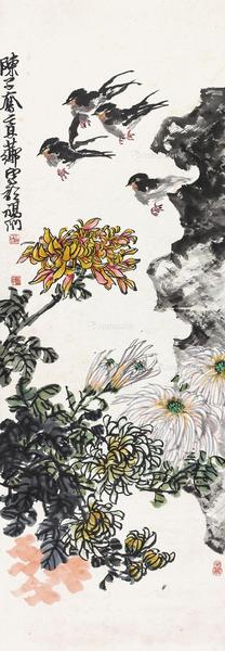  雀菊长春 立轴 设色纸本