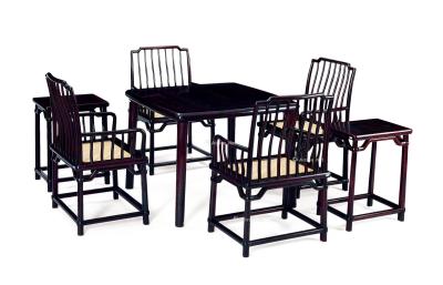  明式 小叶紫檀 梳背式玫瑰椅、圆角方桌、方几 (一组七件)